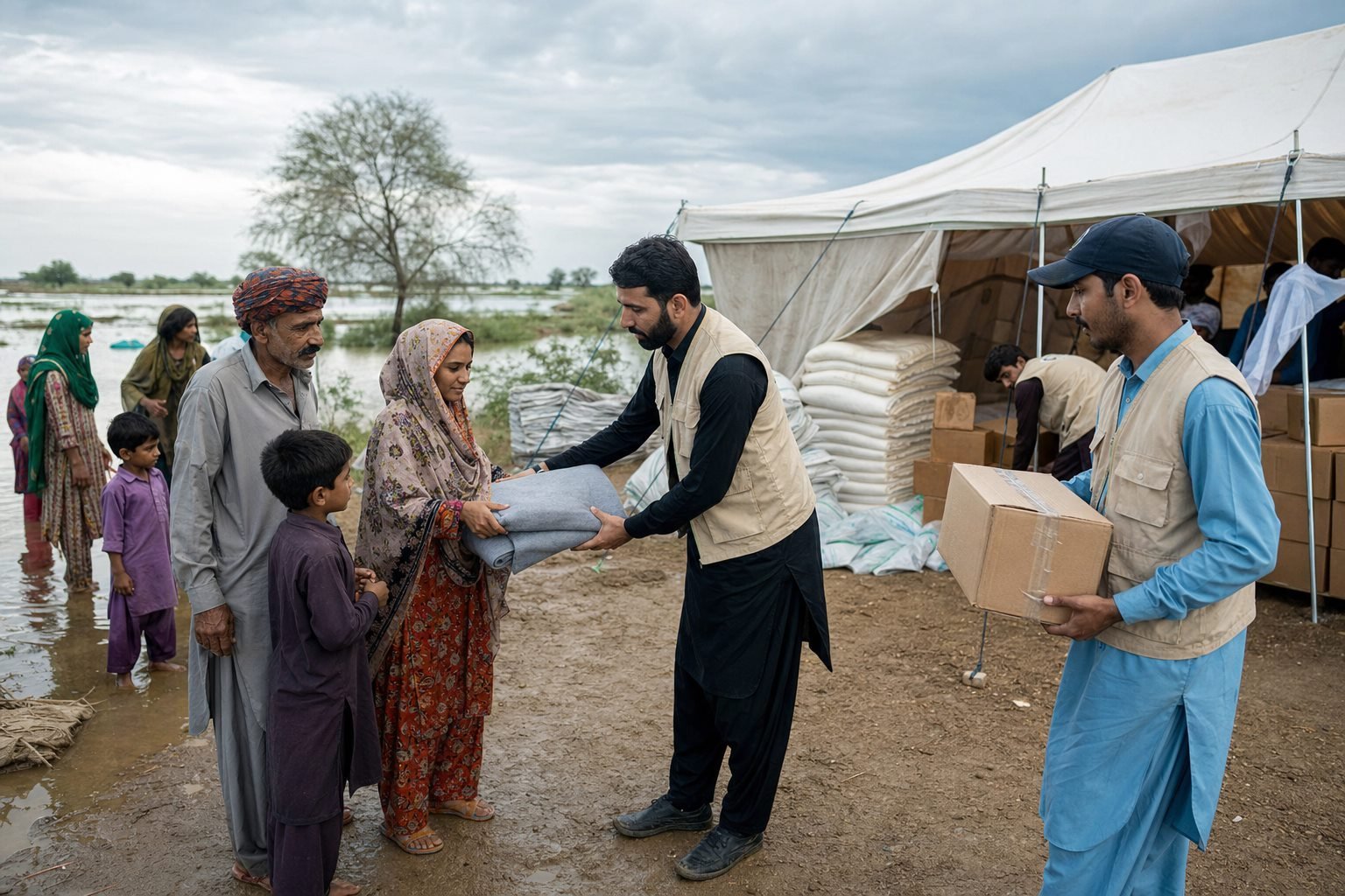 AI-generated realistic Pakistani flood relief camp scene