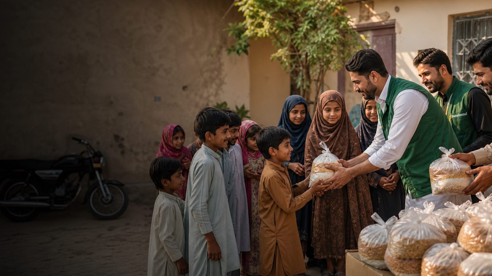 AI-generated realistic Pakistani food distribution scene